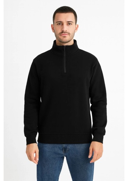 Erkek Dik Yaka Sweatshirt Dik Yaka Yarım Fermuarlı 3 Iplik Şardonlu Pamuk Kumaş - Siyah -Vlmr fiyatları