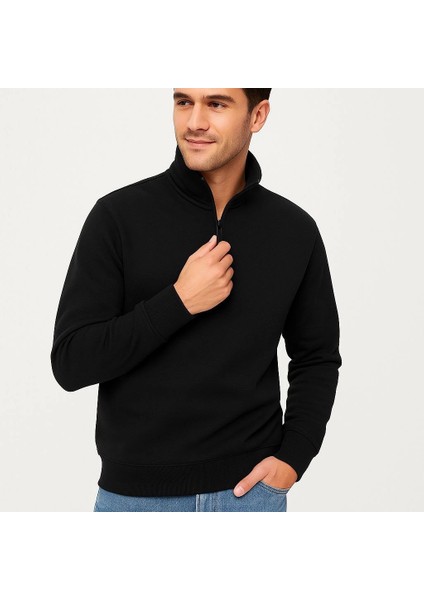 Erkek Dik Yaka Sweatshirt Dik Yaka Yarım Fermuarlı 3 Iplik Şardonlu Pamuk Kumaş - Siyah -Vlmr fırsatları