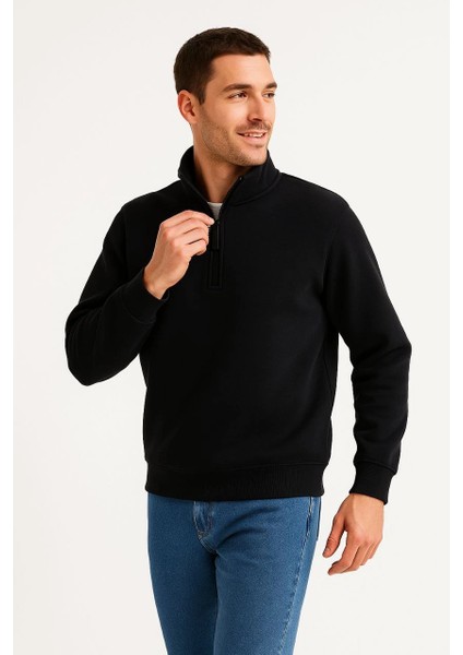 Erkek Dik Yaka Sweatshirt Dik Yaka Yarım Fermuarlı 3 Iplik Şardonlu Pamuk Kumaş - Siyah -Vlmr indirimleri