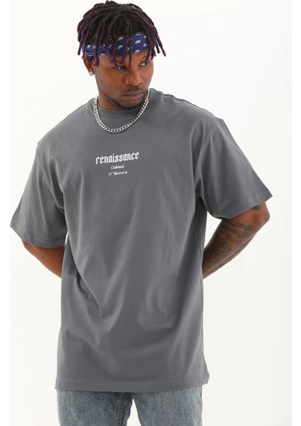 Unisex Oversize Baskılı Bisiklet Yaka T-Shirt - Füme -Vlmr