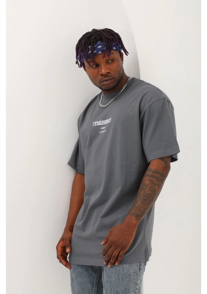 Unisex Oversize Baskılı Bisiklet Yaka T-Shirt - Füme -Vlmr fiyatları