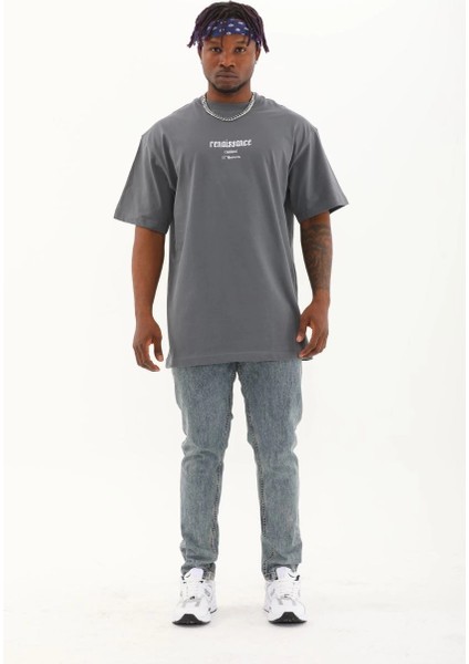 Unisex Oversize Baskılı Bisiklet Yaka T-Shirt - Füme -Vlmr modelleri