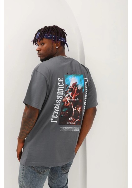 Unisex Oversize Baskılı Bisiklet Yaka T-Shirt - Füme -Vlmr fırsatları