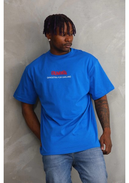 Unisex Baskılı Oversize T-Shirt - Mavi -Vlmr