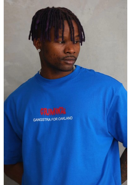 Unisex Baskılı Oversize T-Shirt - Mavi -Vlmr modelleri