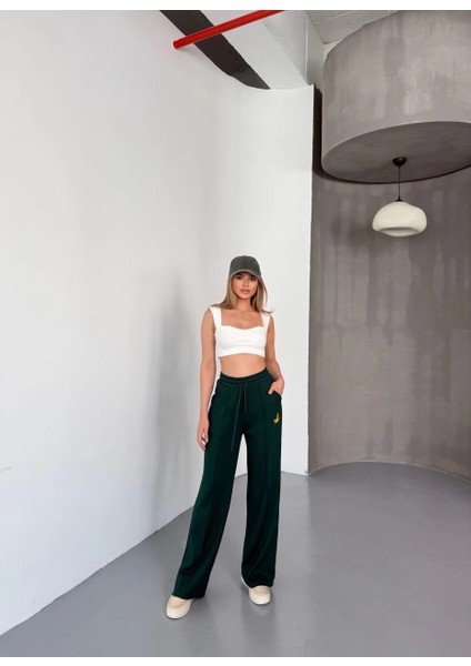 Osy Modal Yumuşak Dokulu Kumaş Nakış Işlemeli Rahat Bol Paça Eşofman Pantalon - Yeşil -Vlmr fırsatları