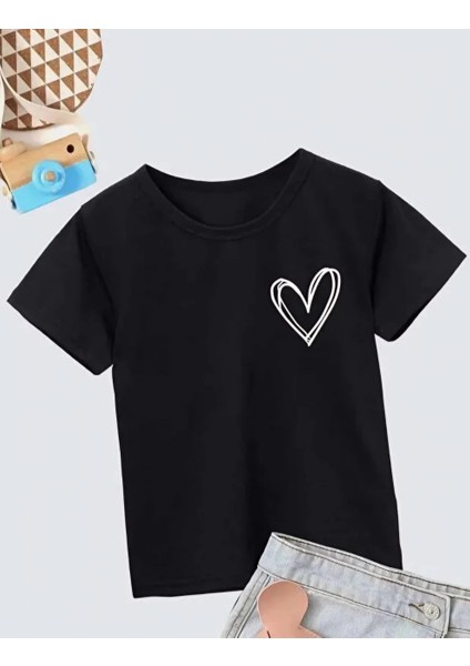 Kız Çocuk Bisiklet Yaka Baskılı T-Shirt - Siyah -Vlmr