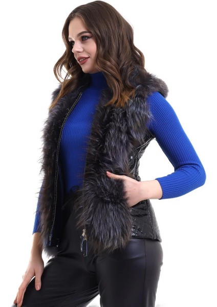 Kadın Fermuarlı Koyun Derisi Tilki Kürkü - Siyah -Vlmr fiyatları