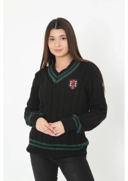 Kadın V Yaka Örgülü Kazak - Siyah -Vlmr