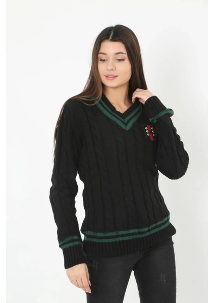 Kadın V Yaka Örgülü Kazak - Siyah -Vlmr fiyatları