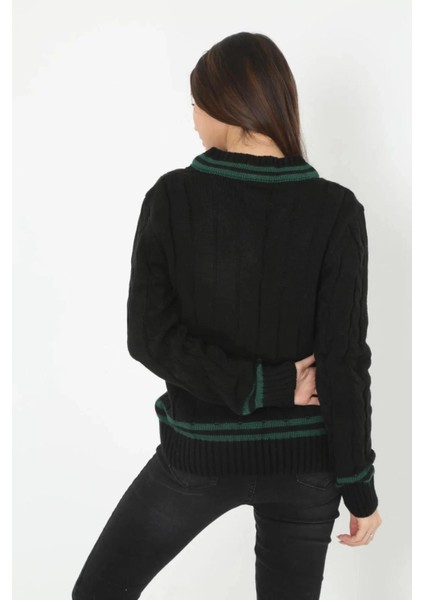 Kadın V Yaka Örgülü Kazak - Siyah -Vlmr modelleri
