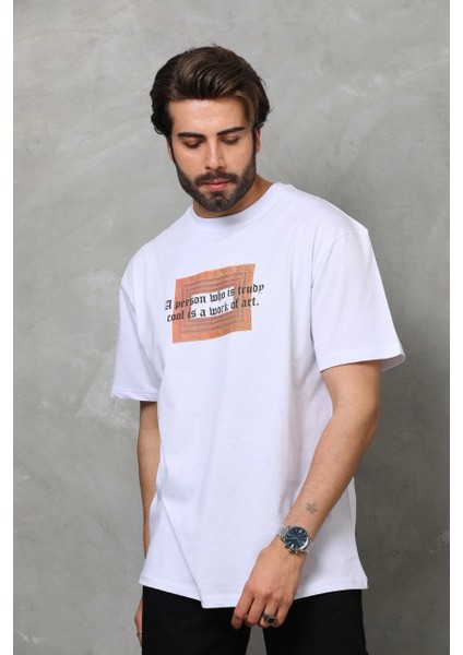 Unisex Bisiklet Yaka Baskılı Oversize T-Shirt - Beyaz -Vlmr fiyatları