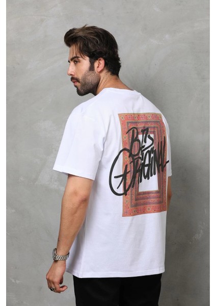 Unisex Bisiklet Yaka Baskılı Oversize T-Shirt - Beyaz -Vlmr indirimleri