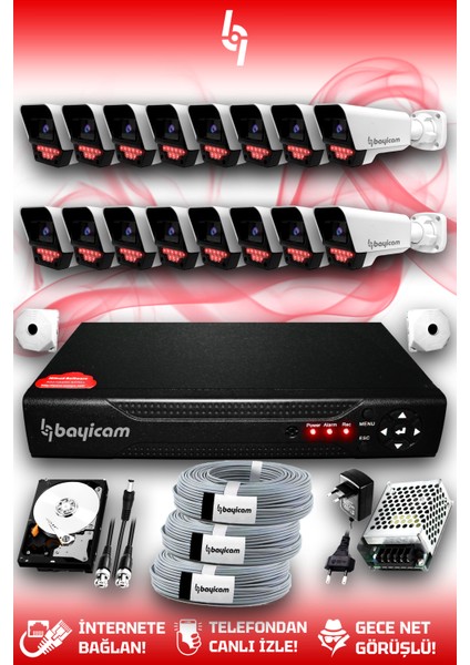 16 Kameralı Süper 16 Dış Kamera Set 2 TB 5 MP 2K Net Gece Görüşlü Güvenlik Kamerası Sistemi fırsatları