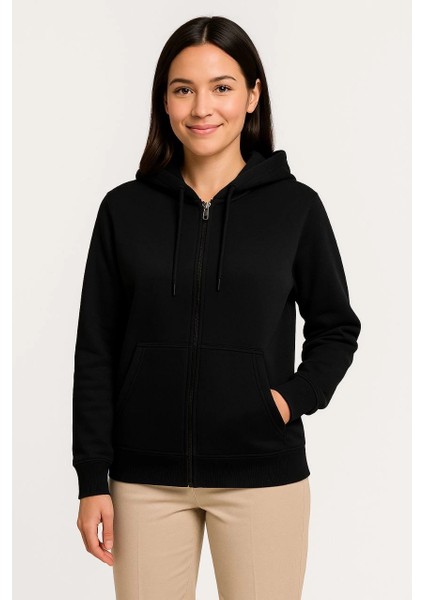 Kadın Üç Iplik Kapüşonlu Tam Fermuarlı Kanguru Çepli Sweatshirt Hoodie - Siyah -Vlmr fiyatları