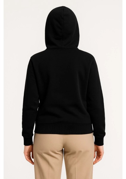 Kadın Üç Iplik Kapüşonlu Tam Fermuarlı Kanguru Çepli Sweatshirt Hoodie - Siyah -Vlmr modelleri