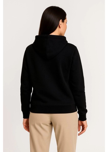 Kadın Üç Iplik Kapüşonlu Tam Fermuarlı Kanguru Çepli Sweatshirt Hoodie - Siyah -Vlmr fırsatları