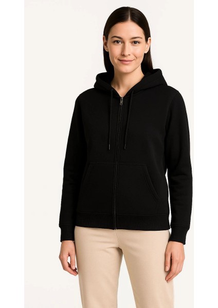 Kadın Üç Iplik Kapüşonlu Tam Fermuarlı Kanguru Çepli Sweatshirt Hoodie - Siyah -Vlmr indirimleri