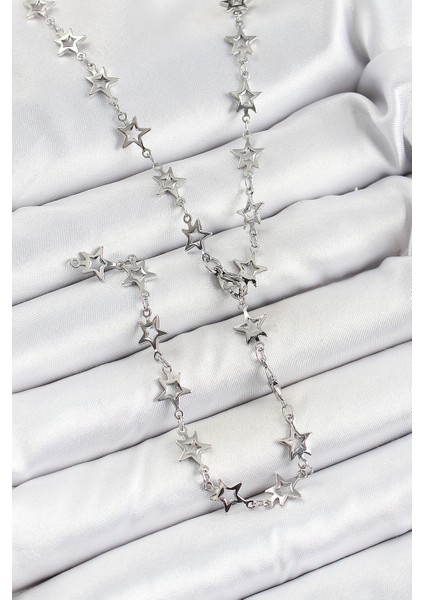 Pirinç Gümüş Renk Yıldızlı Kadın Y Kolye