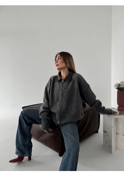 Deri Yakalı Pamuk Dokulu Çift Taraflı Çalışan Fermuar Ceket - Füme -Vlmr