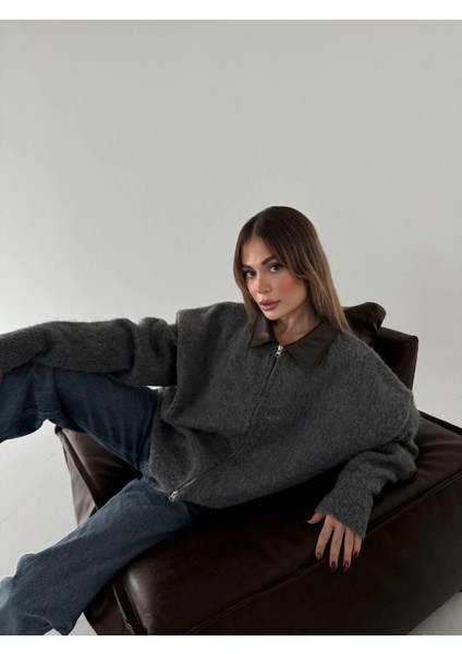 Deri Yakalı Pamuk Dokulu Çift Taraflı Çalışan Fermuar Ceket - Füme -Vlmr fiyatları