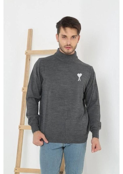 Unisex Yarım Boğazlı Baskılı Dokuma Triko - Füme -Vlmr