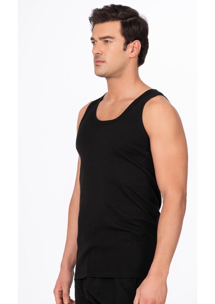 3'lü Paket Pamuklu Ribana Kalın Askılı Erkek Atlet | Siyah K0113