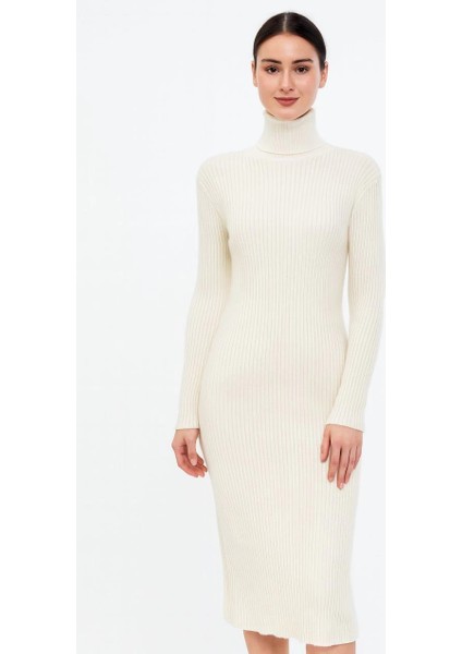 Kadın Boğazlı Triko Elbise - Beyaz -Vlmr