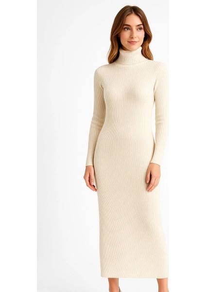 Kadın Boğazlı Triko Elbise - Beyaz -Vlmr fırsatları