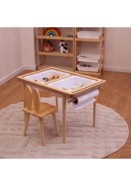 Montessori Ahşap Huş Aktivite Masası 2 Sepet Beyaz/kara Tahtalı Rulo Kişiselleştirilebilir 2-6 Yaş +1 Sandalye