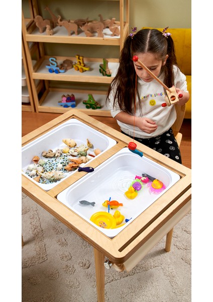 Montessori Ahşap Huş Aktivite Masası 2 Sepet Beyaz/kara Tahtalı Rulo Kişiselleştirilebilir 2-6 Yaş +1 Sandalye fiyatları