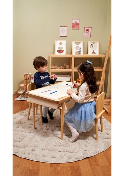 Montessori Ahşap Huş Aktivite Masası 2 Sepet Beyaz/kara Tahtalı Rulo Kişiselleştirilebilir 2-6 Yaş +1 Sandalye modelleri