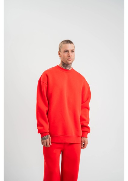 Uzun Kol Bisiklet Yaka Basic Sweatshirt - Kırmızı -Vlmr