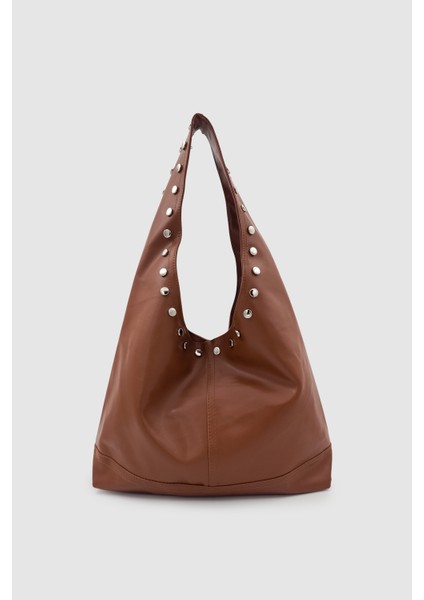 Stula Büyük Hacimli Mıknatıslı Zımba Detaylı Hobo Omuz Çantası Taba