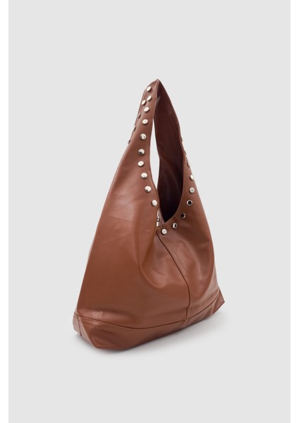 Stula Büyük Hacimli Mıknatıslı Zımba Detaylı Hobo Omuz Çantası Taba indirimleri