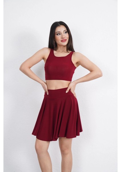 Sendy Kumaş Bisiklet Yaka Crop Şortlu Etek Ikili Takım - Bordo -Vlmr fırsatları