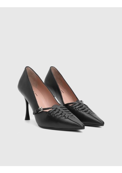 Geny Hakiki Deri Siyah Kadın Topuklu Ayakkabı