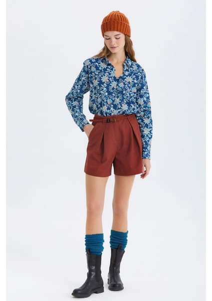 Pensli Kemerli Kışlık Şort Kiremit