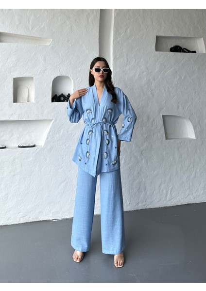 Nakış Işlemeli Kimono & Pantolon Ikili Takım