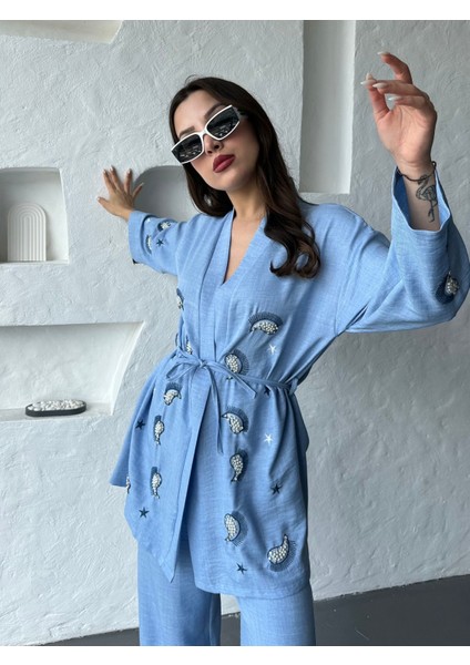 Nakış Işlemeli Kimono & Pantolon Ikili Takım fiyatları