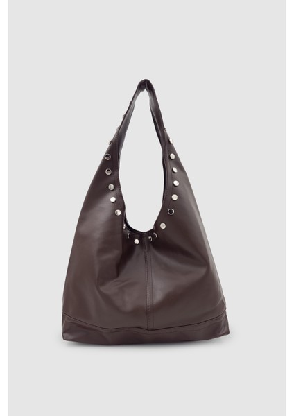 Stula Büyük Hacimli Mıknatıslı Zımba Detaylı Hobo Omuz Çantası Acı Kahve