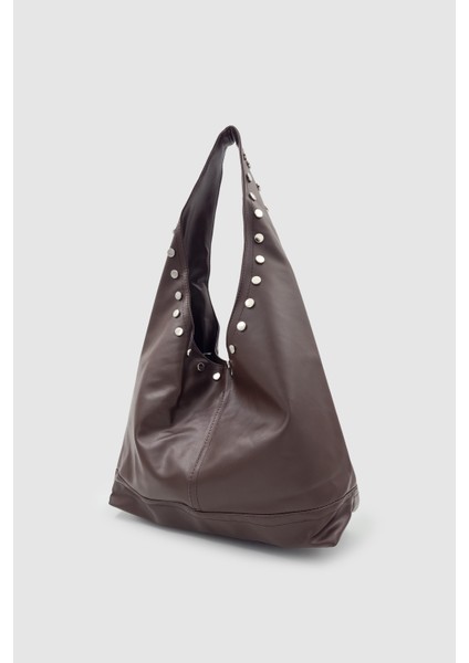 Stula Büyük Hacimli Mıknatıslı Zımba Detaylı Hobo Omuz Çantası Acı Kahve modelleri