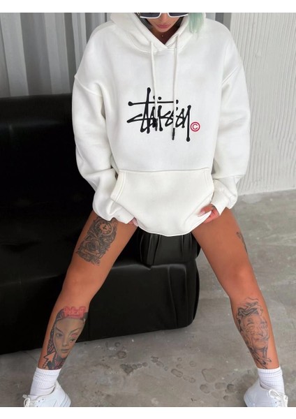 Üç Iplik Kapşonlu Baskılı Sweatshirt - Beyaz -Vlmr