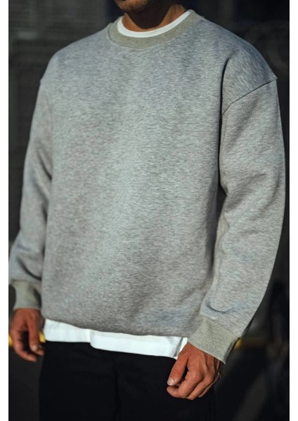 Kışlık Bisiklet Yaka Üç Iplik Basic Sweatshirt - Gri -Vlmr