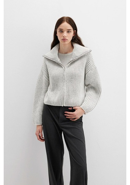Kadın Fermuarlı Triko Antique White Stripe 1710806-86426