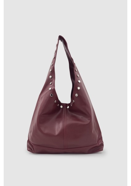 Stula Büyük Hacimli Mıknatıslı Zımba Detaylı Hobo Omuz Çantası Bordo