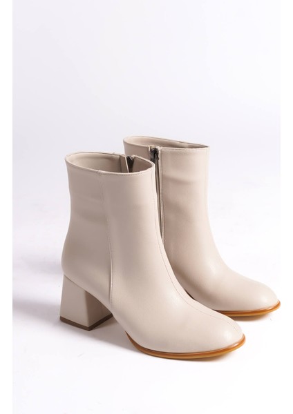 Lucia Premium Kadın Kışlık Bej Kalın Fermuarlı Topuklu Bot