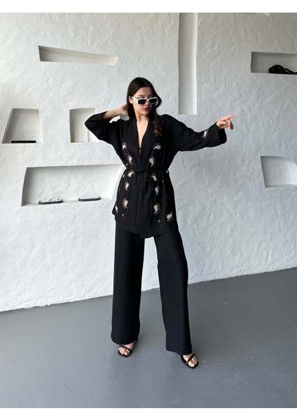 Nakış Işlemeli Kimono & Pantolon Ikili Takım