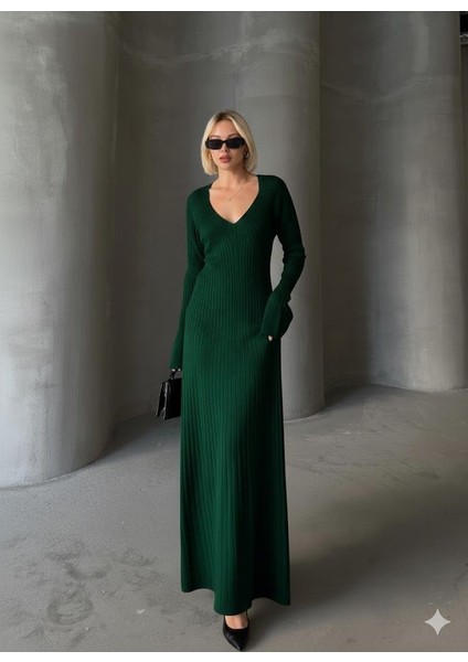 Ince Bel V Yaka Maxi Triko Elbise