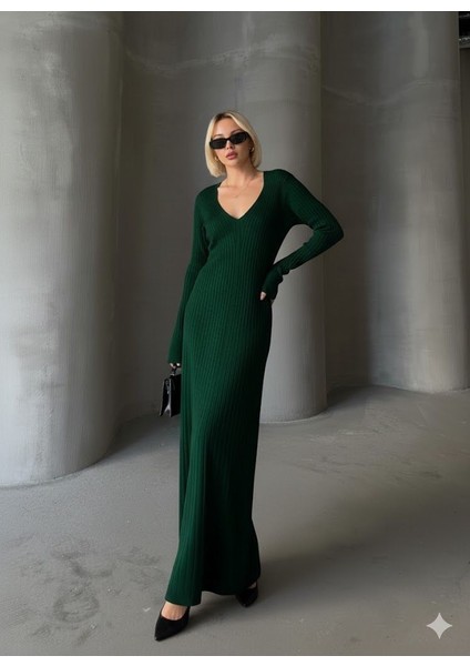 Ince Bel V Yaka Maxi Triko Elbise fiyatları